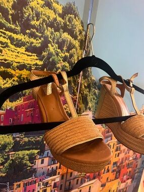 Coach Tan Woven Platform Wedge Sandals